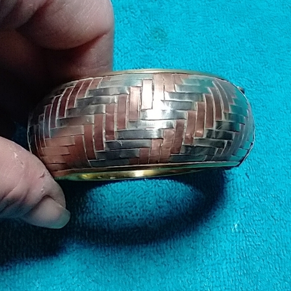 Gold brass copper silver Woven design hinged pin closure vintage Bracelet large - Picture 5 of 8